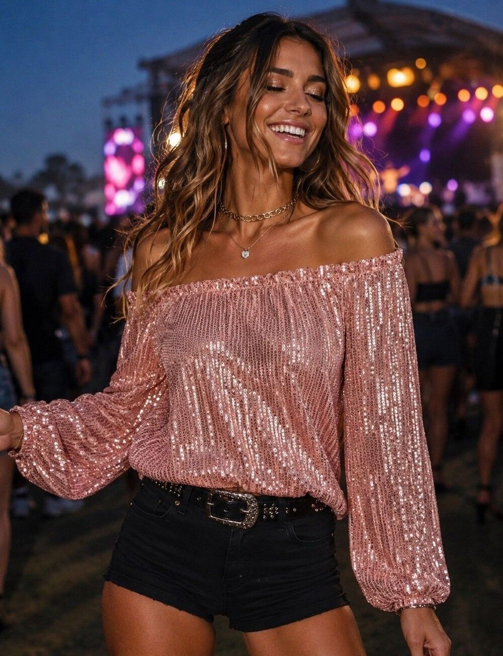 Rose Gold Sequin Off The Shoulder Top Size Medium Sparkle Glam Glitter Going Out